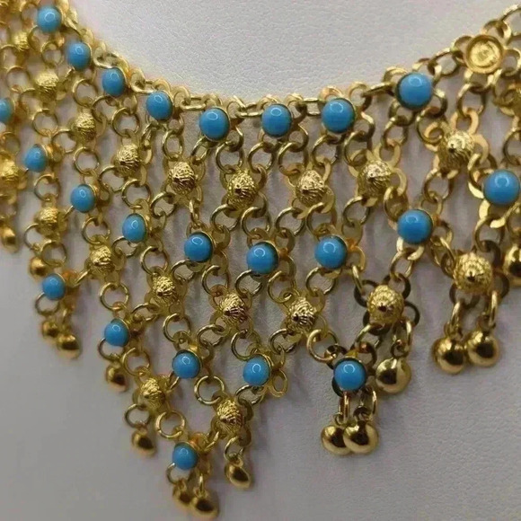 Boutique Jewelry - Fringe bib beaded necklaces unique statement jewelry turquoise blue Goldtone